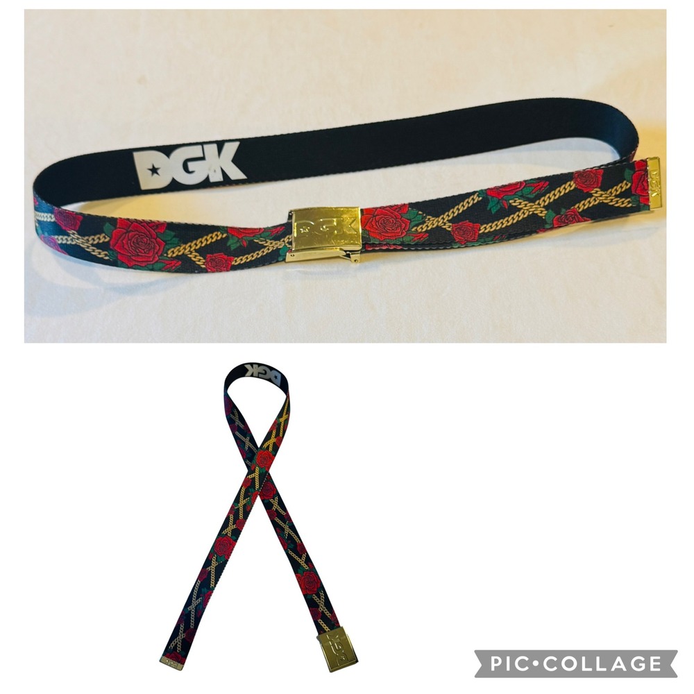 DGK Mens Web Belt Black Red Rose Gold Chain Link Flip Top Buckle Skateboard 49"